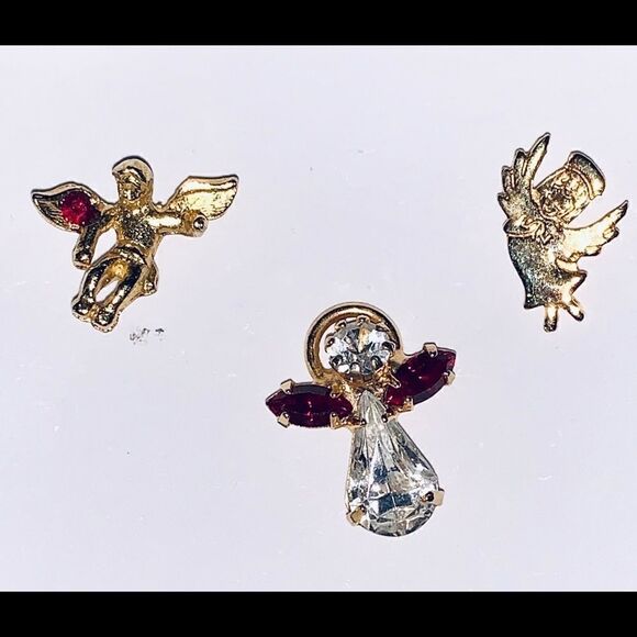 Set of 3 Angel pin backs-red-crystal -Goldtone - Picture 6 of 8